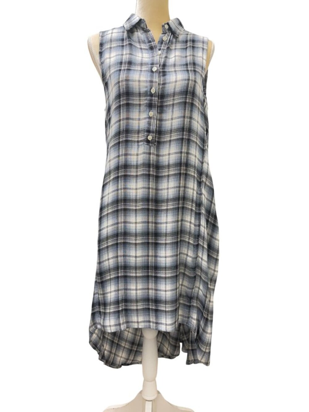 Max Studio Sleeveless Plaid Shirt Dress High‑Low Hem with Side Pockets Medium